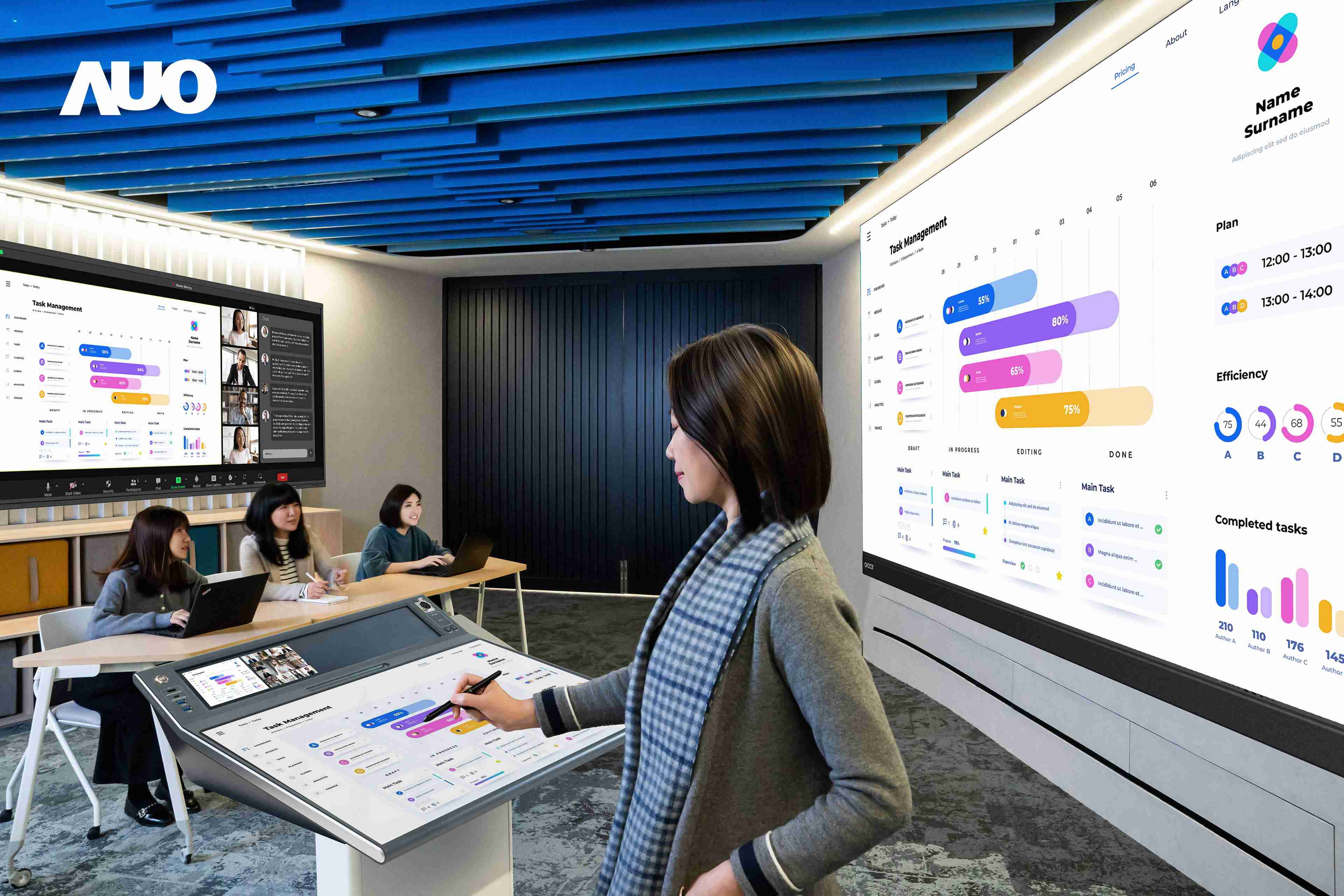 达擎携手Avocor与Rise Vision展示全方位商务领域应用，，，包含采用模块化设计的138吋一体式All-in-One LED显示器及具21:9超宽比例的92吋交互式电子白板（IFPD），，，讲者可轻松分享内容，，有效提升会议协作效率。。。。